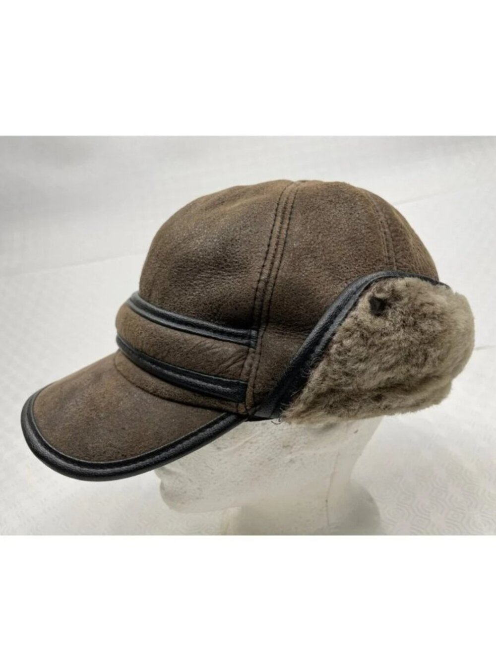 Paul Leinburd Crowncap Shearling Leather Aviator Trapper Earflap Brown Hat Large